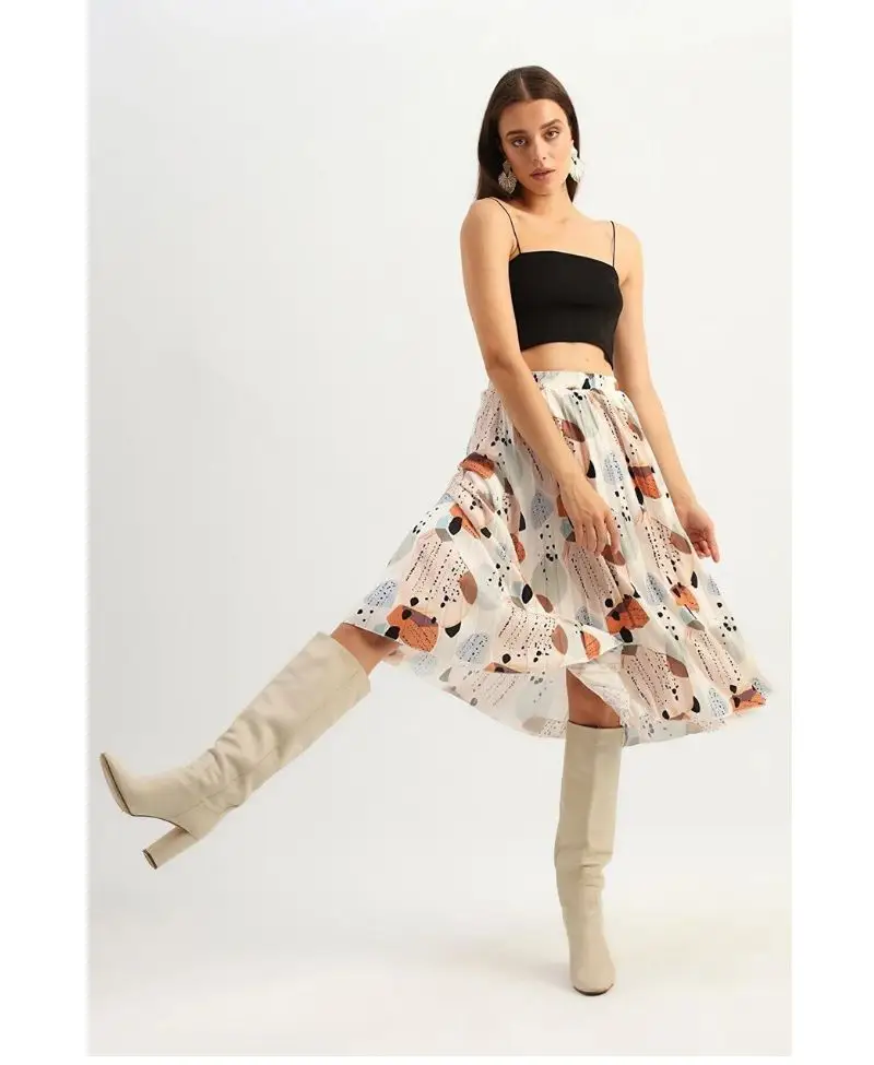 Desenli Piliseli Midi Etek Ekru Desenli Piliseli Midi Etek Ekru