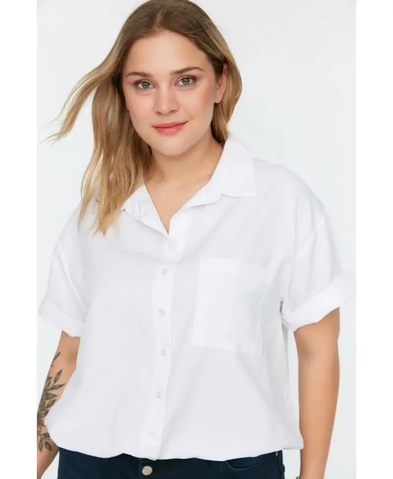 Beyaz Cep Detaylı Dokuma Gömlek Beyaz Cep Detaylı Dokuma Gömlek